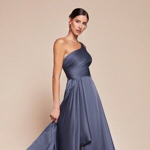 NEW FORMAL A-LINE LONG SOFT SATIN DRESS W/ ONE SHOULDER NECK & LEG SLIT CD 7450